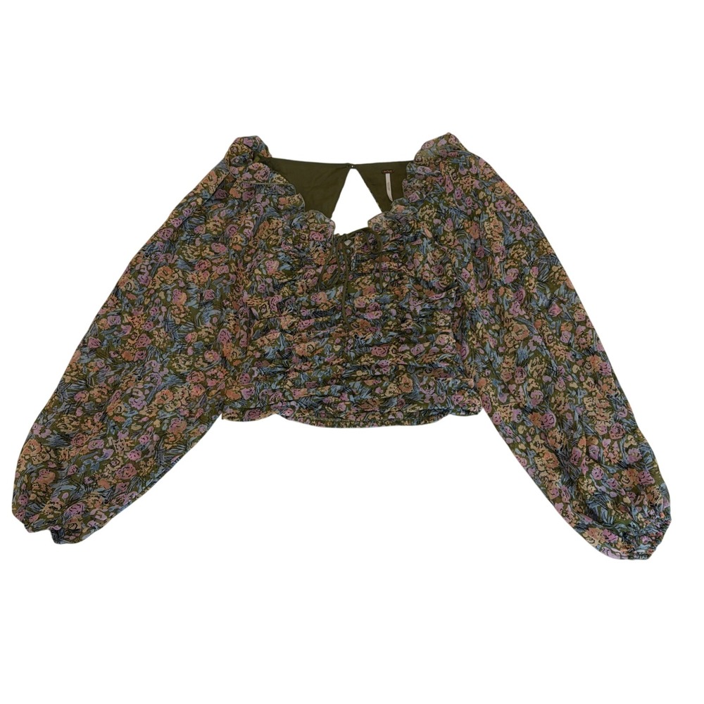 Free People Shirt Womens XS Green Floral Smocked Mabel Puff Sleeve Boho Top - Picture 1 of 7